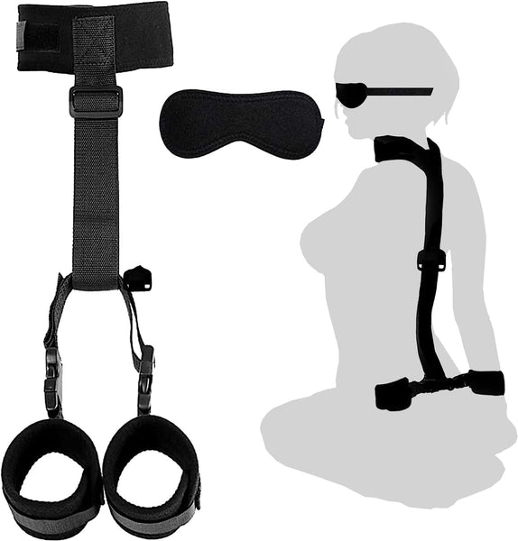 Bondage Restraints Set Neck to Wrist - Behind Back Handcuffs Collar with Blindfold Adjustable Bondage Gear & Accessories, Bed SM Games Play Toys